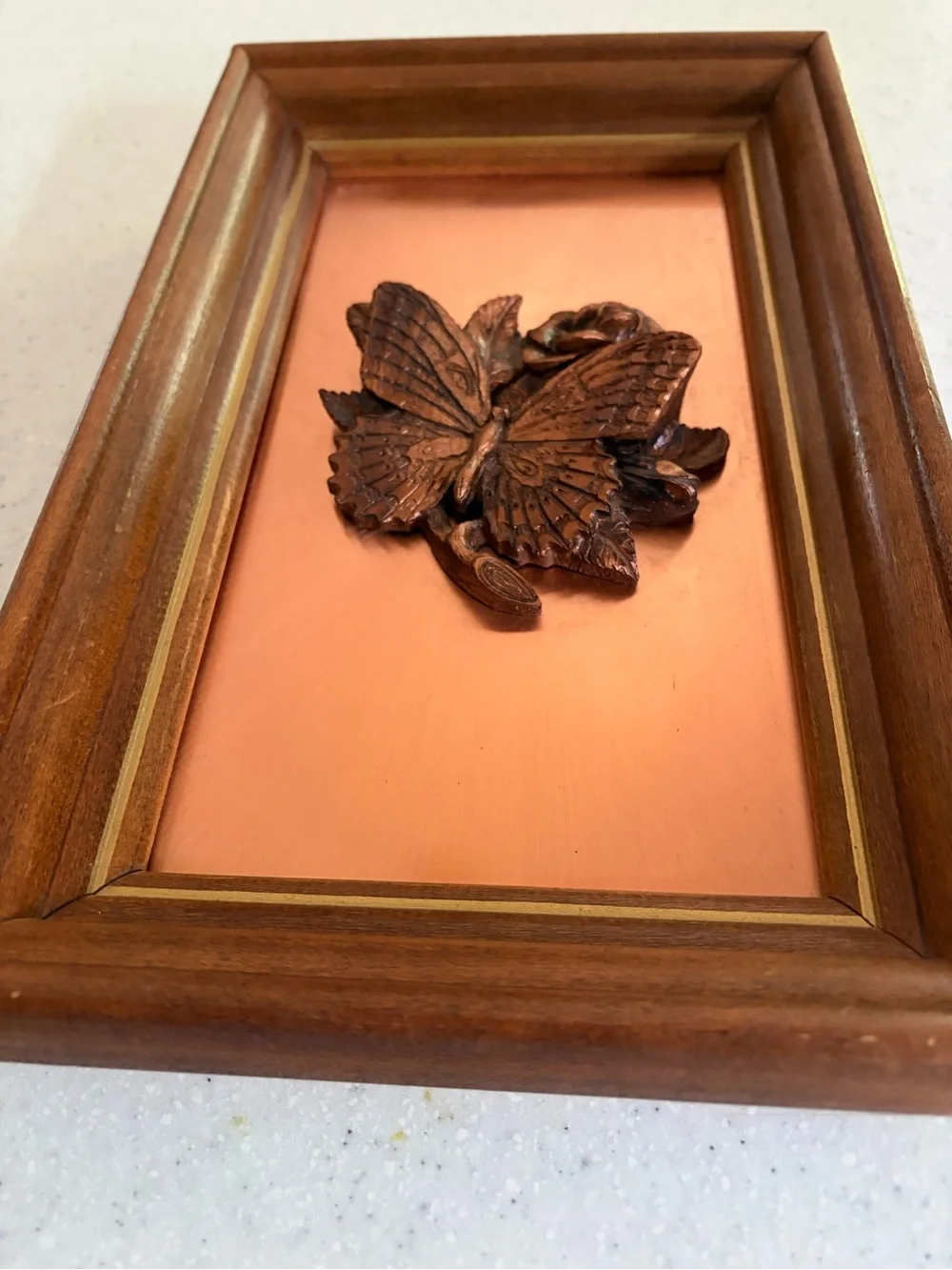 Vintage Mid Century Wood Framed Butterfly & Rose 3D Wall Art Copper Sculpture